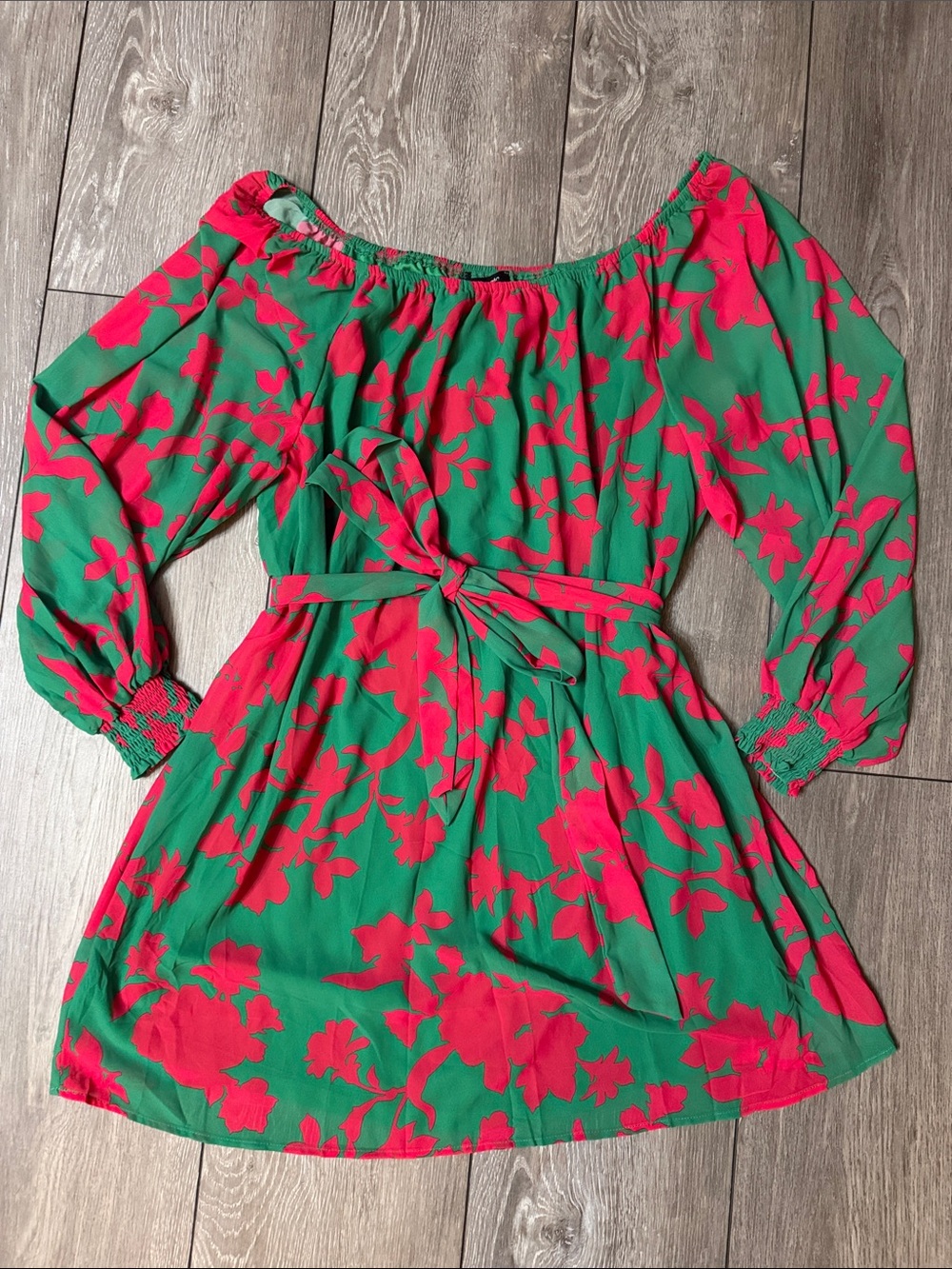 Jealous Tomato Green and Pink One-Shoulder Floral Belted Dress